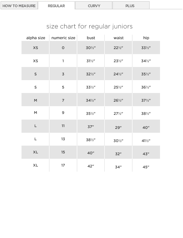 Junior Skirt Size Chart