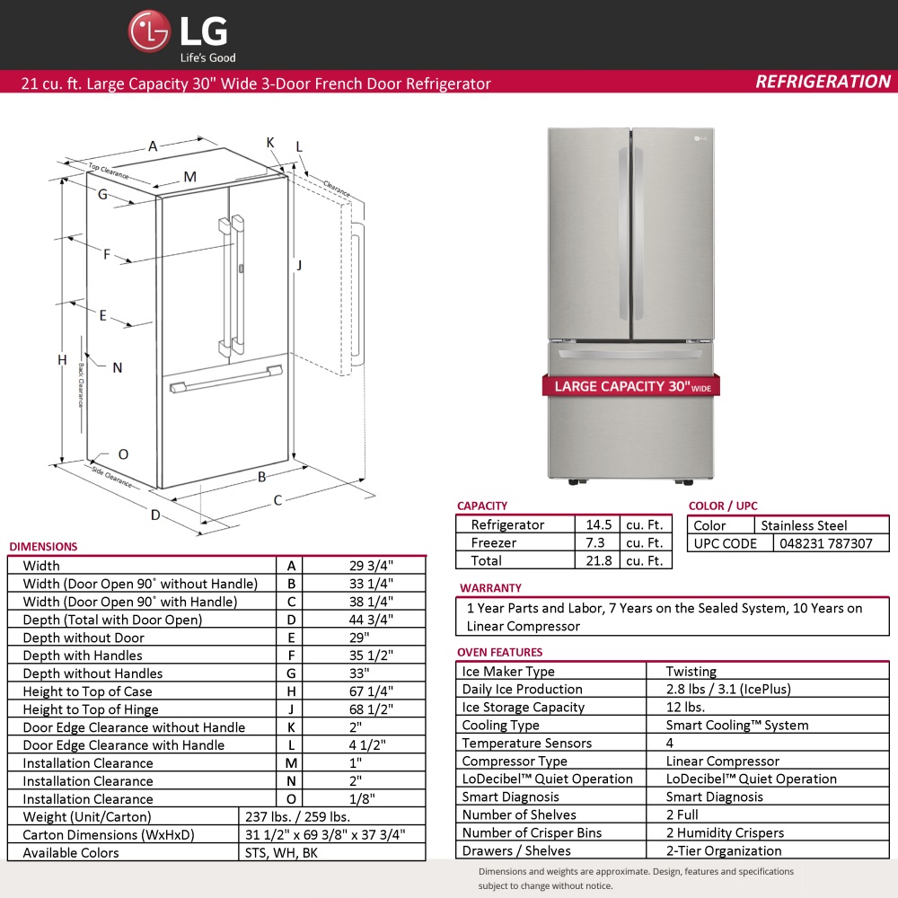 Lg Energy Star 218 Cu Ft 3 Door French Refrigerator Jcpenney Here To See Full List Of Dimensions