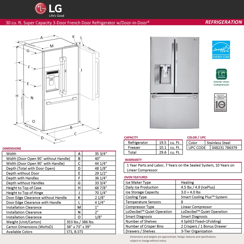 Lg Energy Star 296 Cu Ft Super Capacity 3 Door French Here To See Full List Of Dimensions
